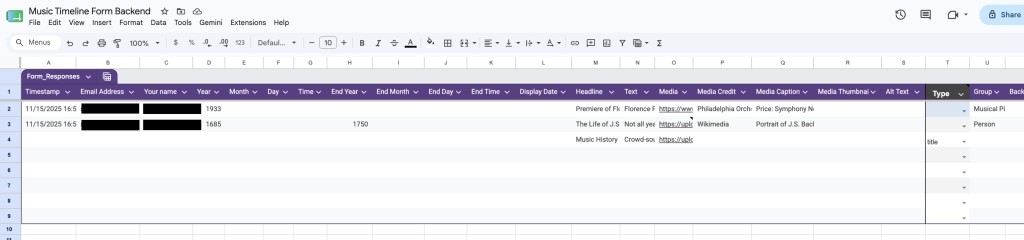 Example of sheet with columns from template and form